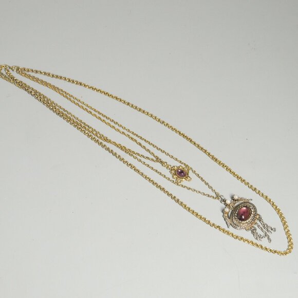 Vtg Victorian Revival Filigree Amethyst Colored Glass Double Drop Chain Necklace - Picture 2 of 4